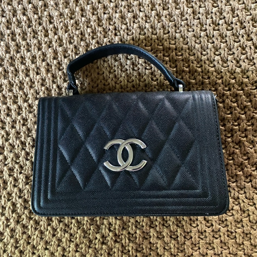 Black Quilted Shoulder Bag with Silver Logo